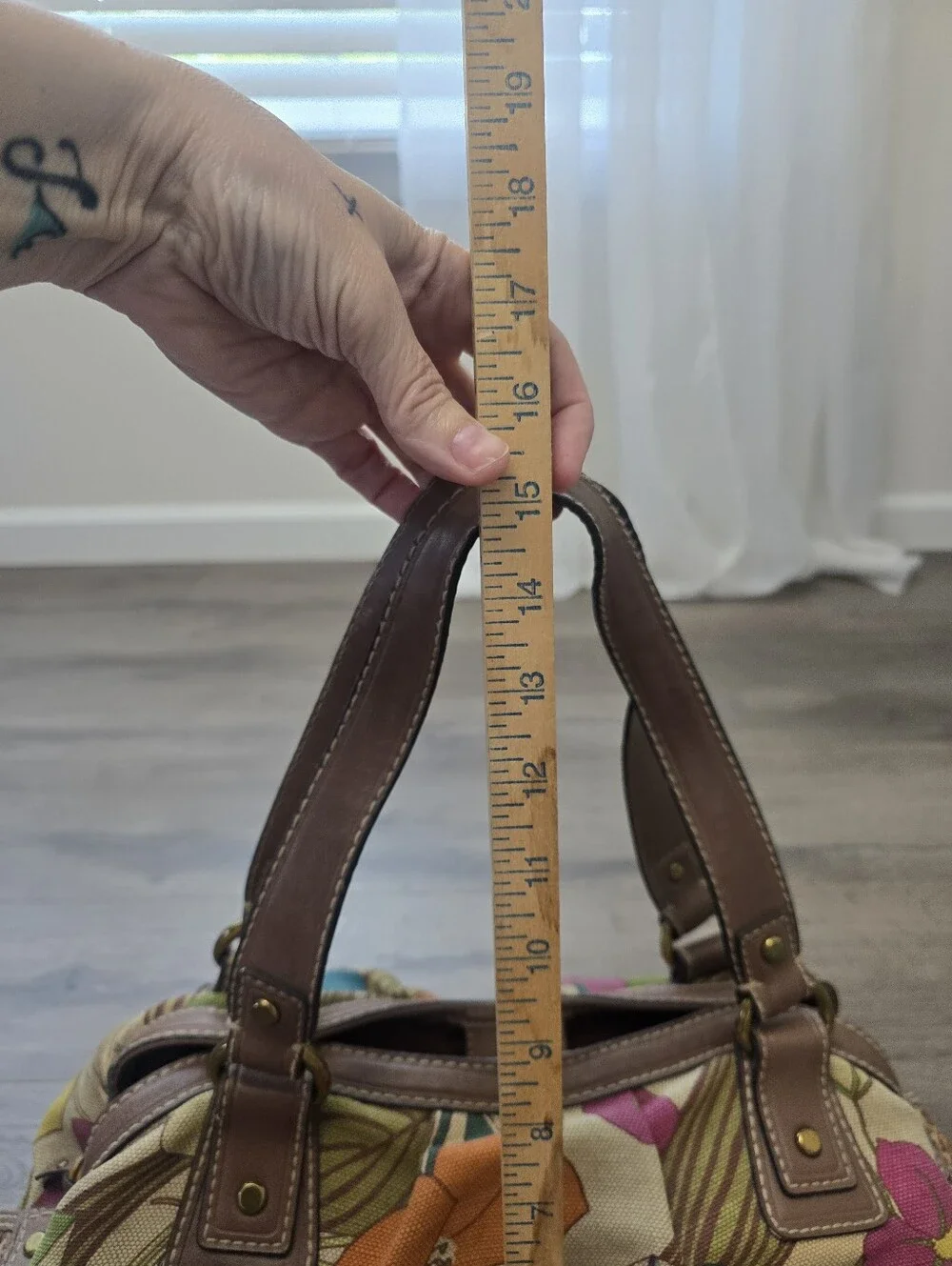 Fossil Key-Per Floral Canvas Hobo Shoulder Bag Brown Leather Trim